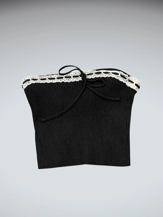 front view, Edikted Black Ribbed Tube Top Lace Trim, vintage Y2K second hand piece