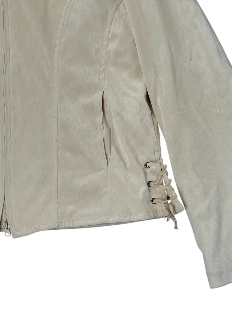 detail view, Helyna Beige Velour Zip Jacket with Side Lace-Up Detail, vintage Y2K second hand piece, image 4