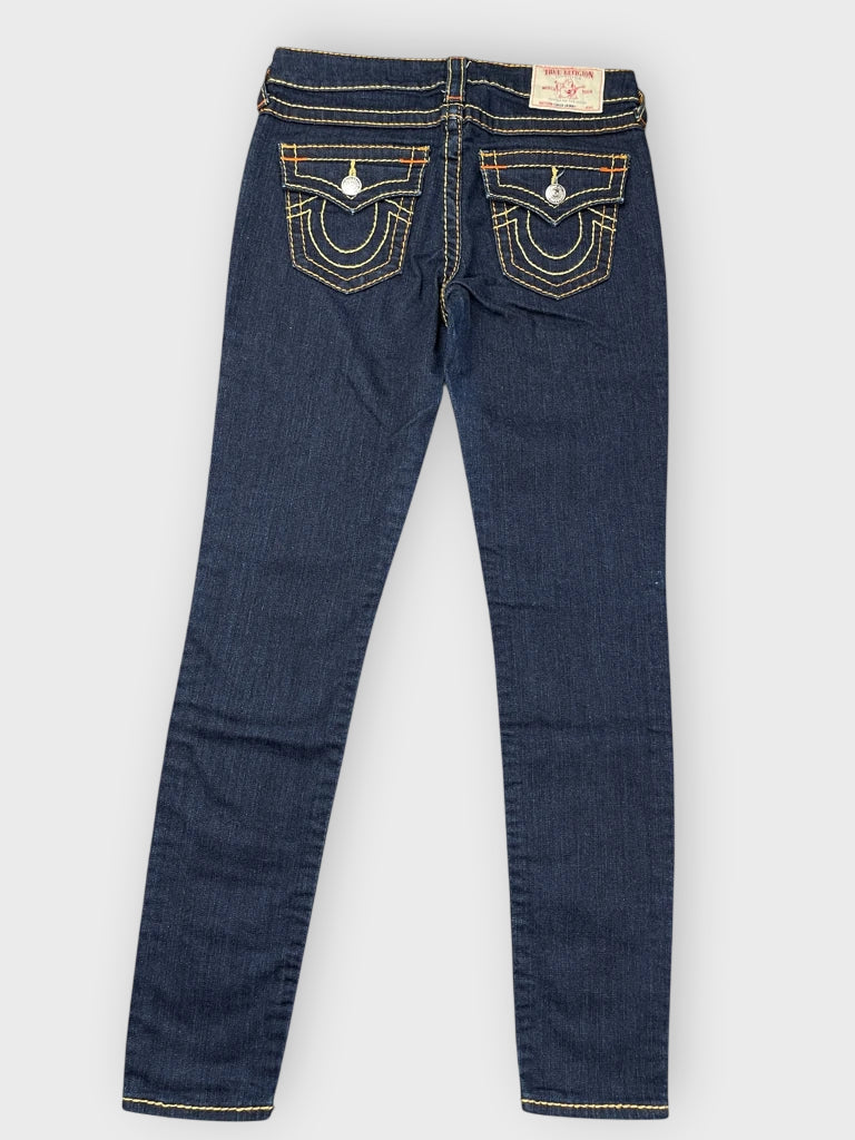 back view, True Religion Dark Blue Bootcut Jeans with Iconic Stitching, vintage Y2K second hand piece