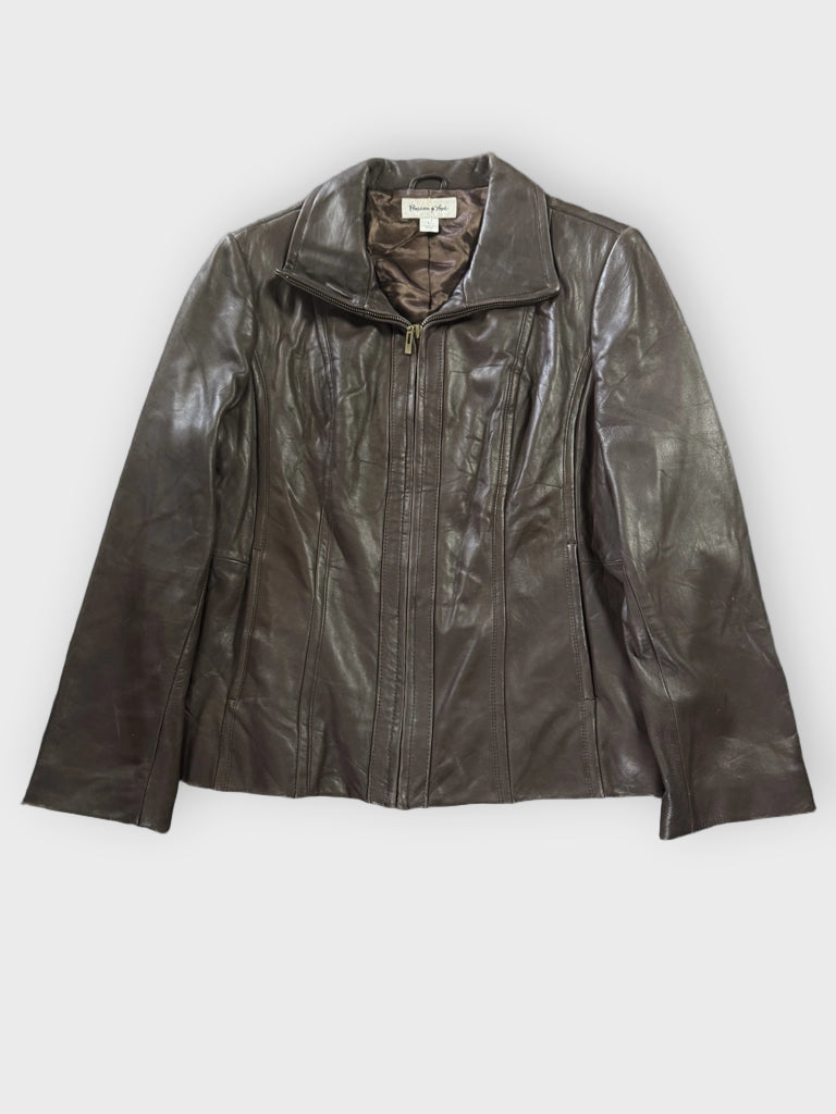 front view, Preston & York Brown Faux Leather Jacket Women, vintage Y2K second hand piece