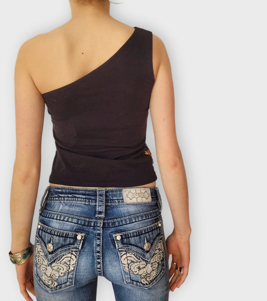 back view, Striking One-Shoulder Sequin Top Black Gold Bronze Stripes, vintage Y2K second hand piece