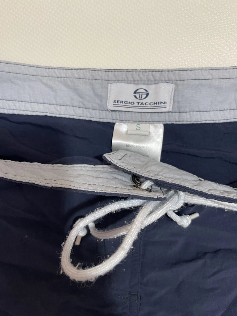 detail view, Sergio Tacchini Retro Navy Blue Sport Shorts White Drawstring Vintage Swimwear, vintage Y2K second hand piece