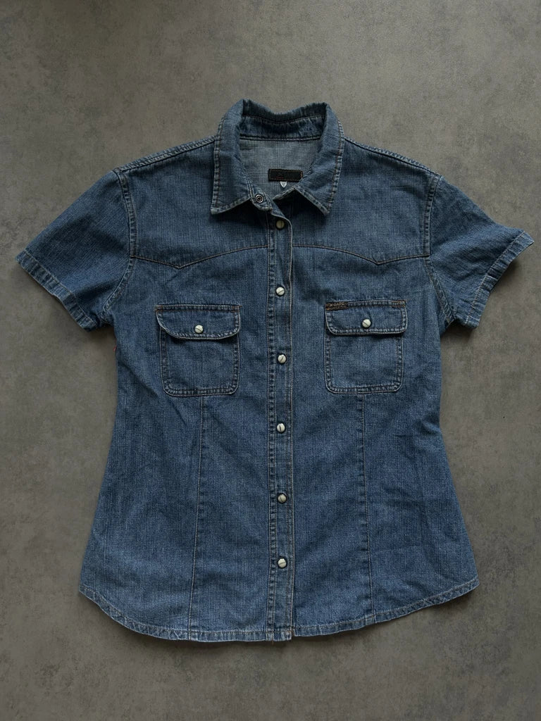 detail view, X Cape Half Sleeve Denim Top, vintage Y2K second hand piece, image 6