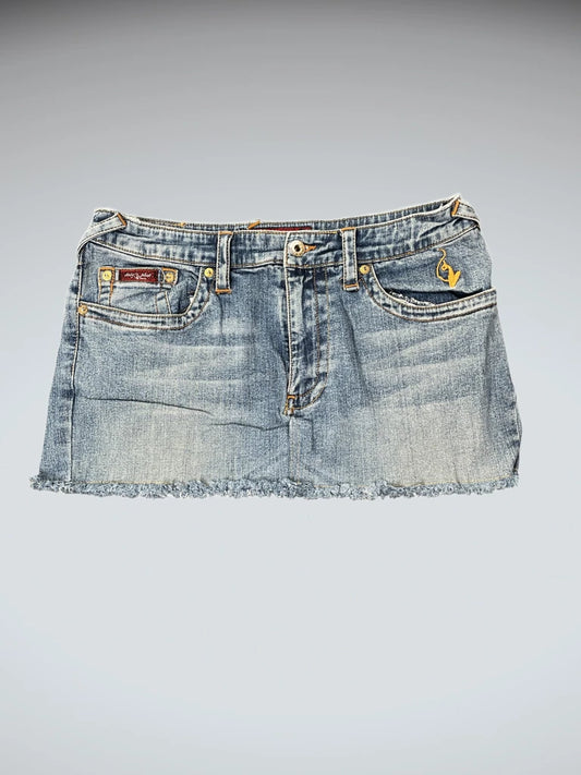 front view, Baby Phat Distressed Blue Denim Skirt, vintage Y2K second hand piece