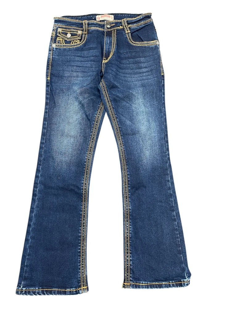 detail view, True Religion Dark Blue Bootcut Jeans with Signature Stitching, vintage Y2K second hand piece