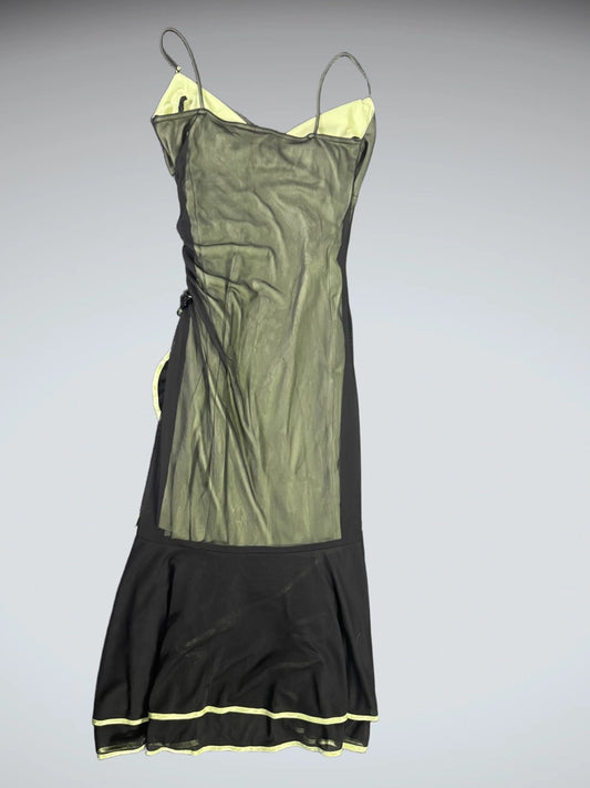 back view, City Triangels Edgy Neon Trim Black Mesh Dress, vintage Y2K second hand piece