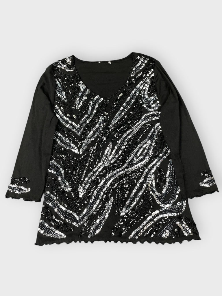 front view, Sequin Wave Party Top in Black, vintage Y2K second hand piece