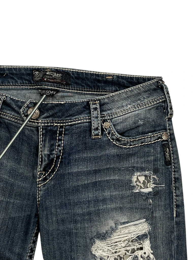 detail view, Silver Jeans Distressed Flared Denim Jeans, vintage Y2K second hand piece