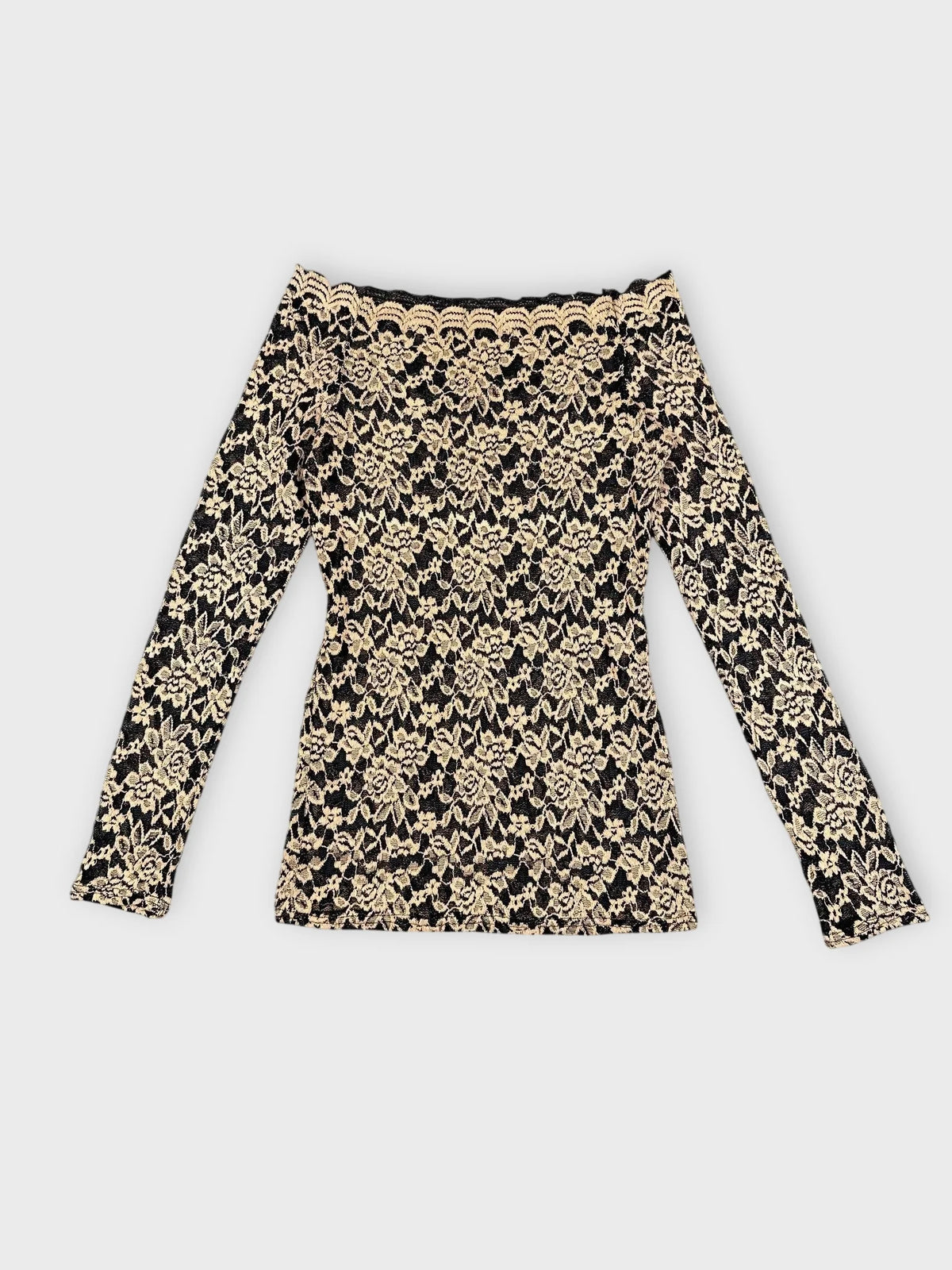 Floral lace Bardot top in black and beige detail view