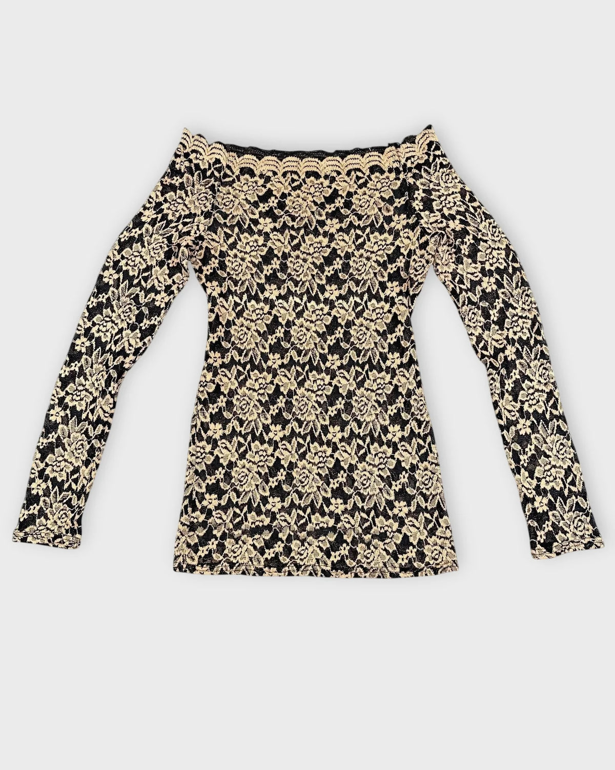 Floral lace bardot top in black and beige with off-shoulder design front view