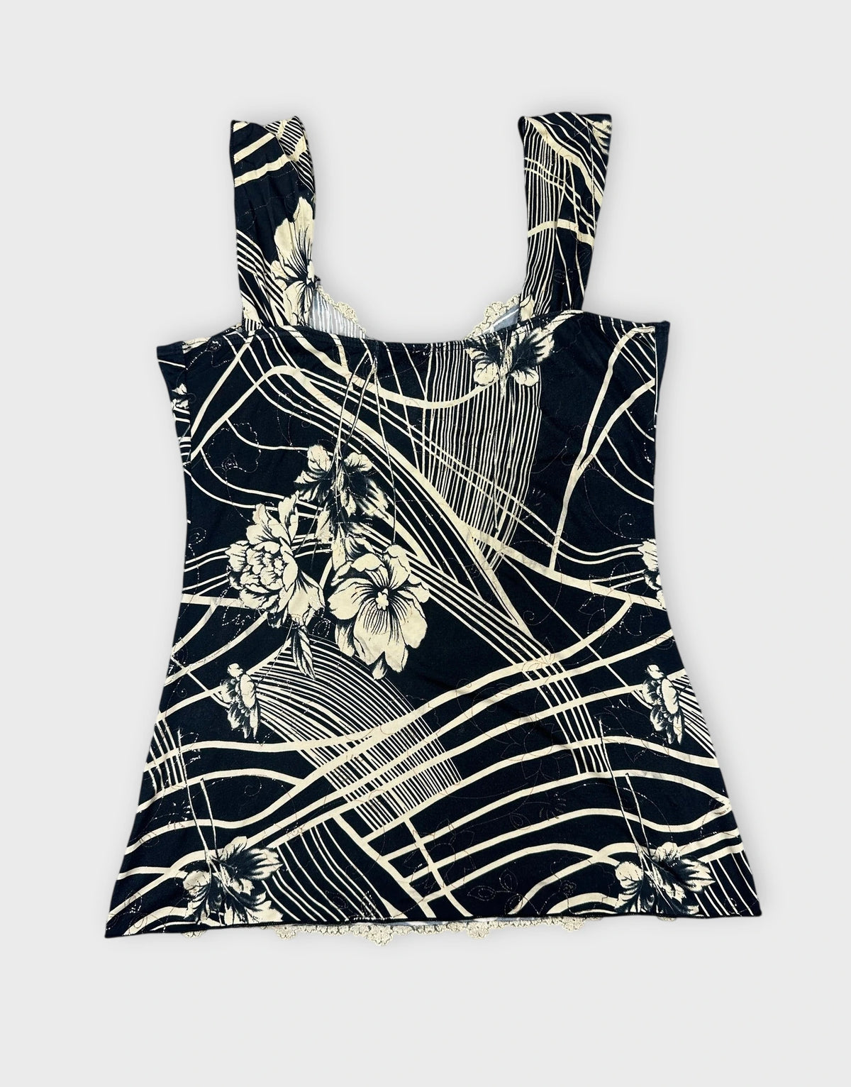 Black floral lace trim tank top back view with wide straps and floral pattern.