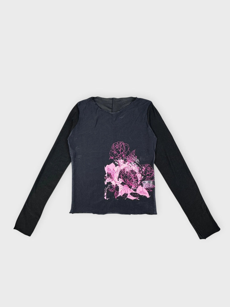 Floral Long-Sleeve Crop Top - Edgy Design (S)