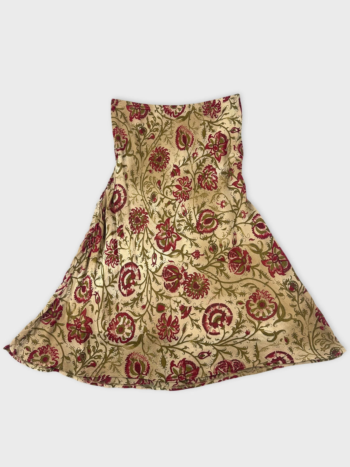 Floral maxi skirt with gold background and burgundy floral pattern front view