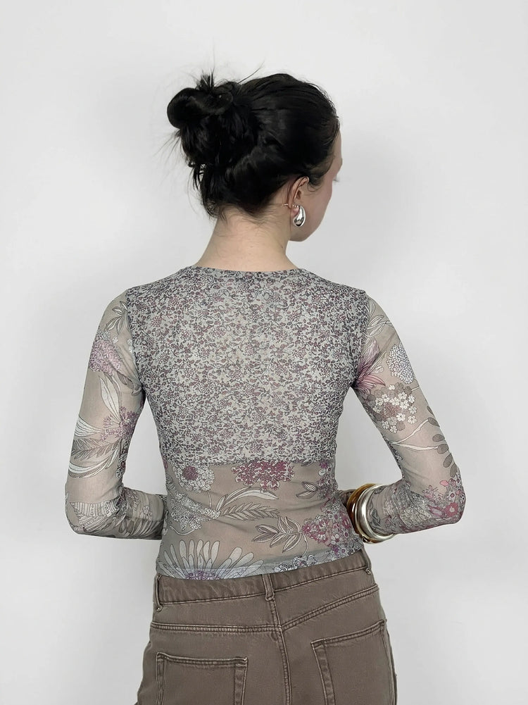 Floral Mesh Long Sleeve Top with Lace Detail (S)