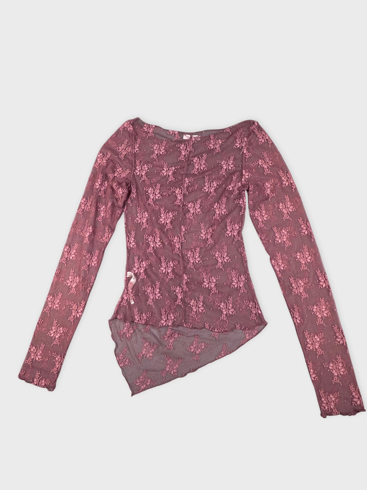 Back view of a floral mesh top in mauve with long sleeves.