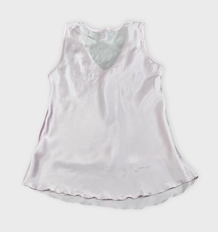 Floral Pink Silk Sleeveless Top with Ribbons (S)