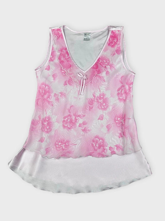 Floral pink silk sleeveless top with ribbons front view