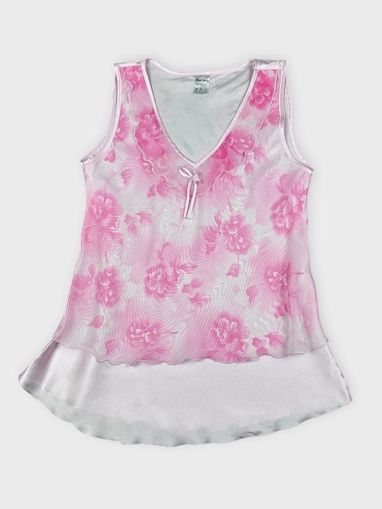 Floral Pink Silk Sleeveless Top with Ribbons (S)