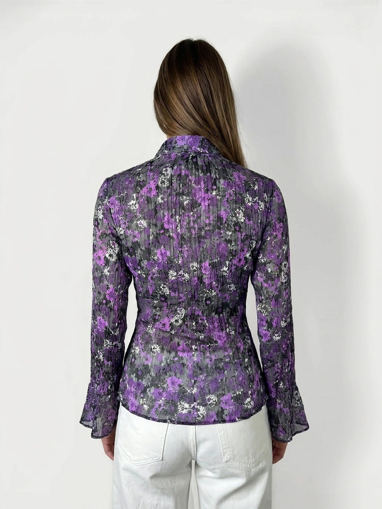 Purple Floral Ruffle Blouse with Bell Sleeves (PETITE PM)