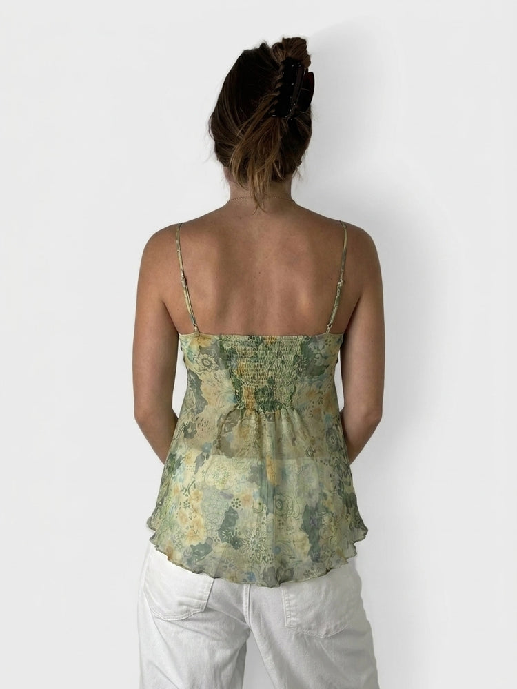 Floral Silk Cami Top with Sweetheart Neckline (S)