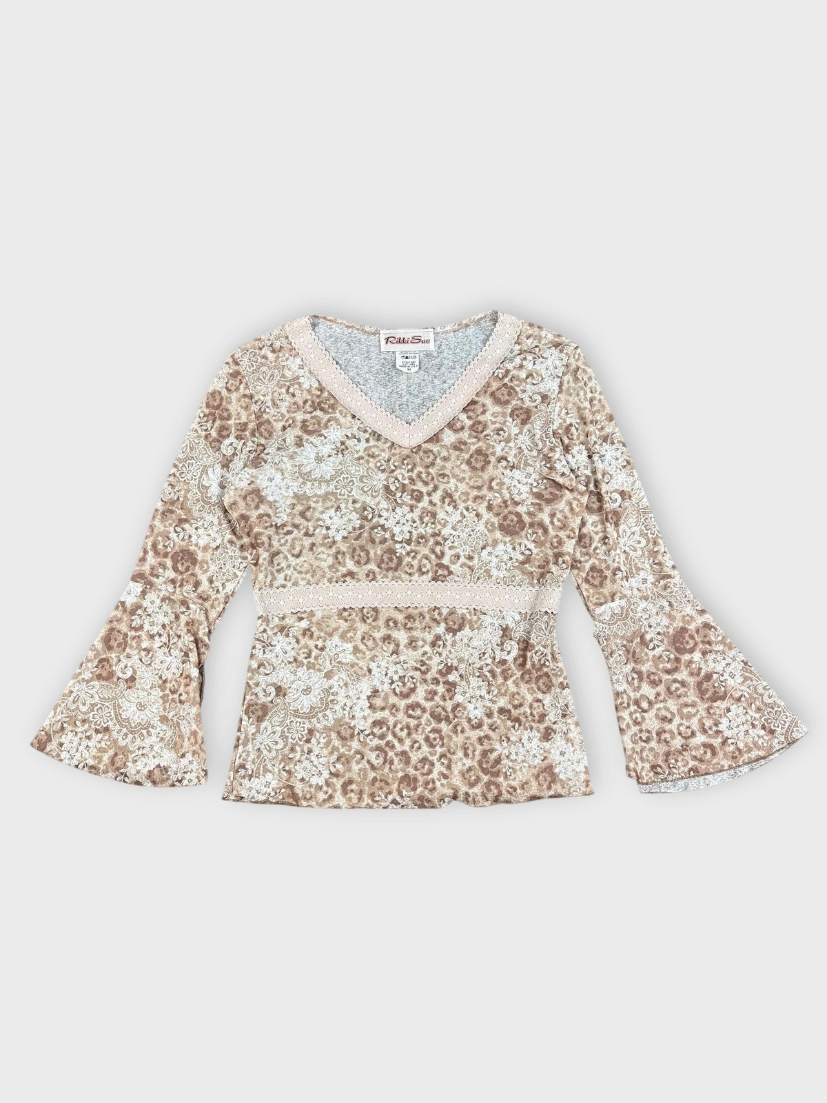 Vintage floral V-neck bell sleeve top in earthy tones front view with lace detail.