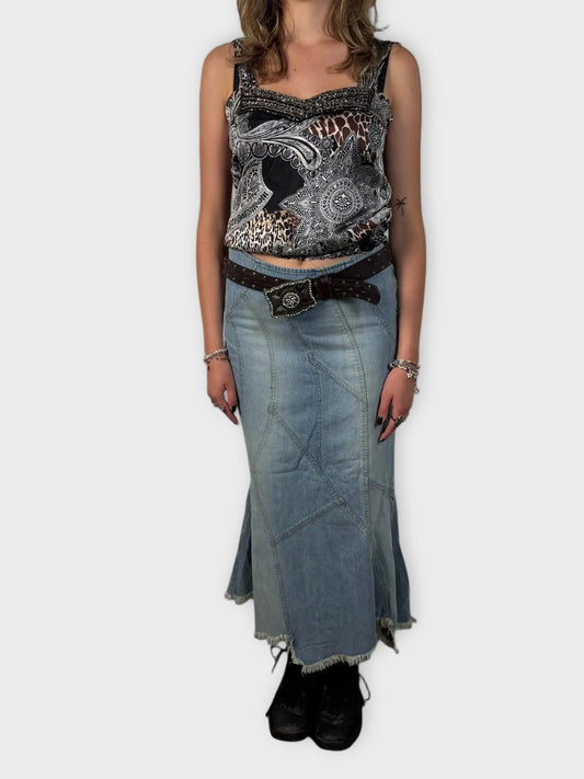 front view, Free People Light Blue Bohemian Skirt, vintage Y2K second hand piece