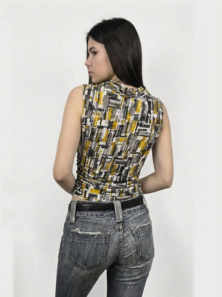 Graphic Print Ruching Top with Sleek Style (L)