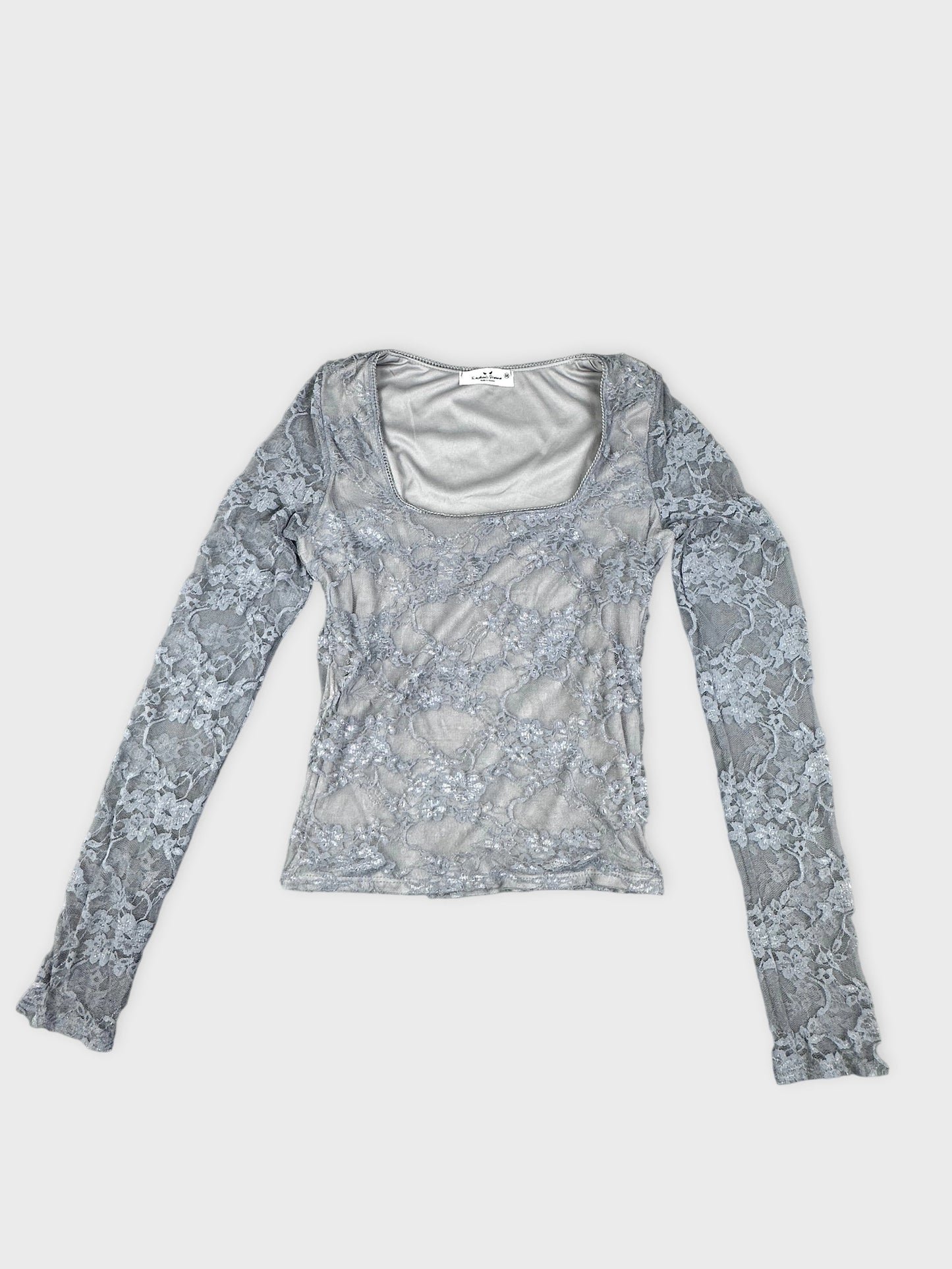 Gray long-sleeve top with lace detail view showing floral pattern.