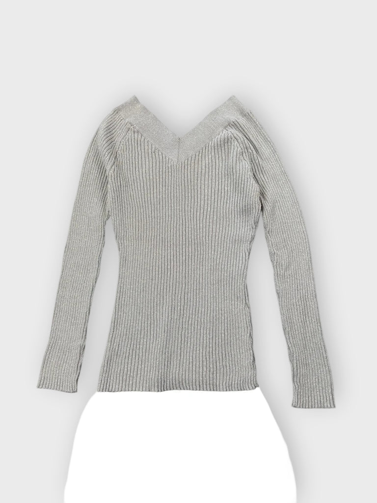 detail view, New York & Company Grey Shimmer V-Cut Knit Sweater, vintage Y2K second hand piece, image 4