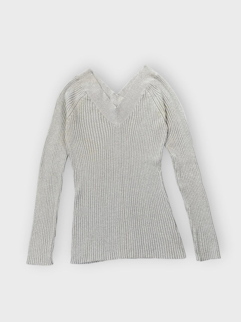 detail view, New York & Company Grey Shimmer V-Cut Knit Sweater, vintage Y2K second hand piece