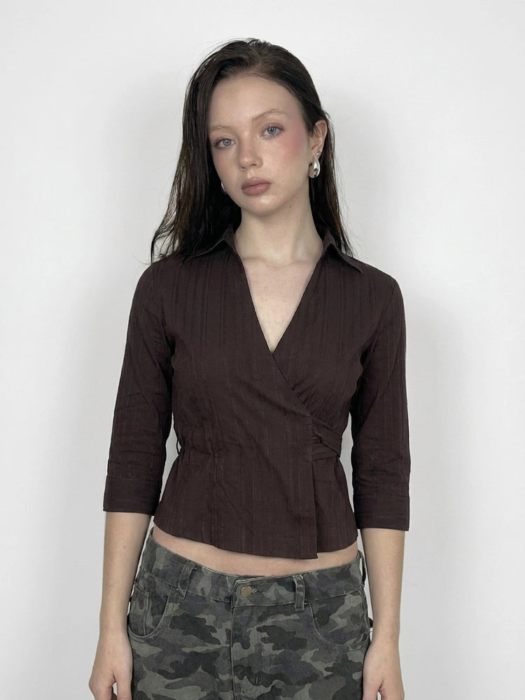 Brown Grunge Wrap Blouse with Self-Tie (M)