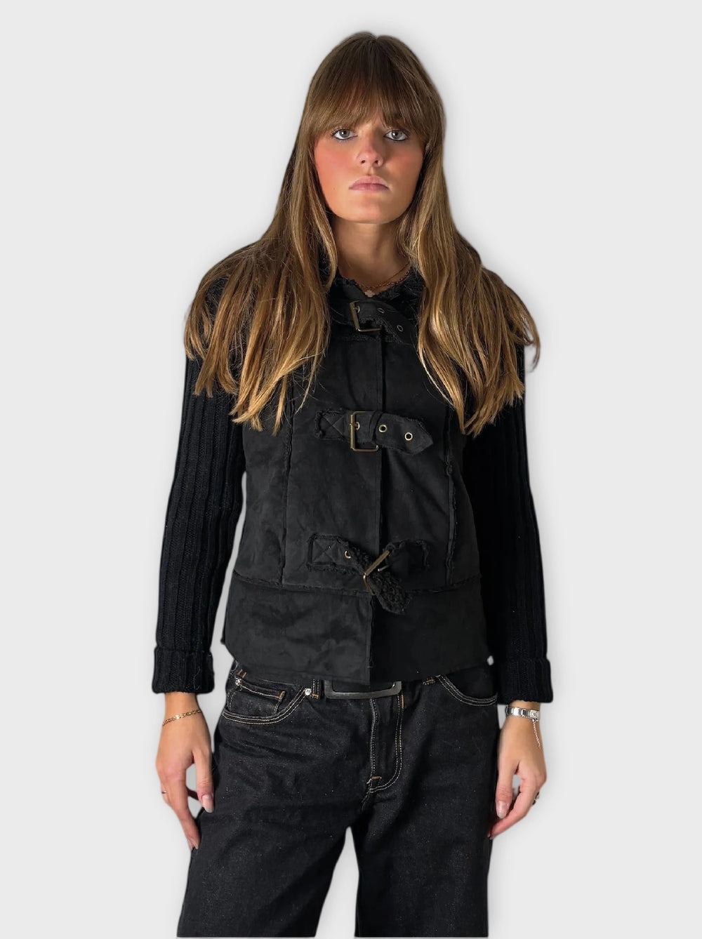 front view, Joyce Leslie Black Faux Fur Jacket, vintage Y2K second hand piece