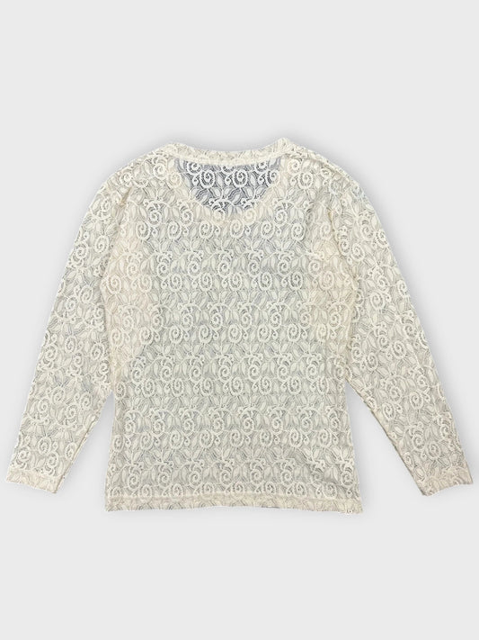 Lace long sleeve top in cream color with floral pattern back view.