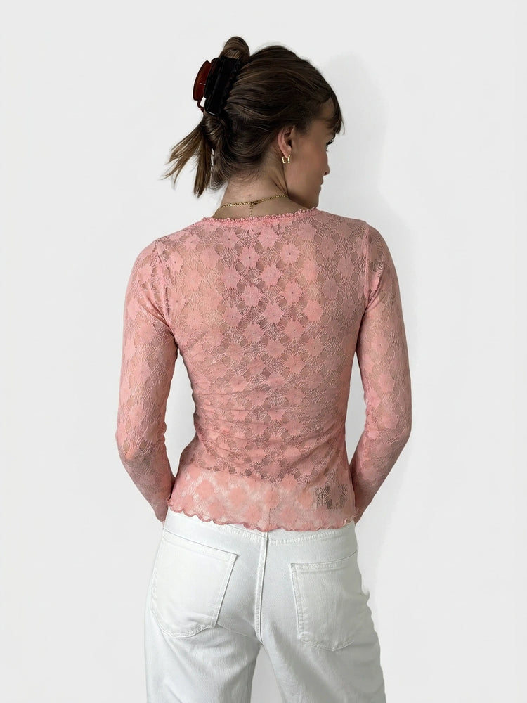 Lace Long Sleeve Top with Ruffled Hem (M)