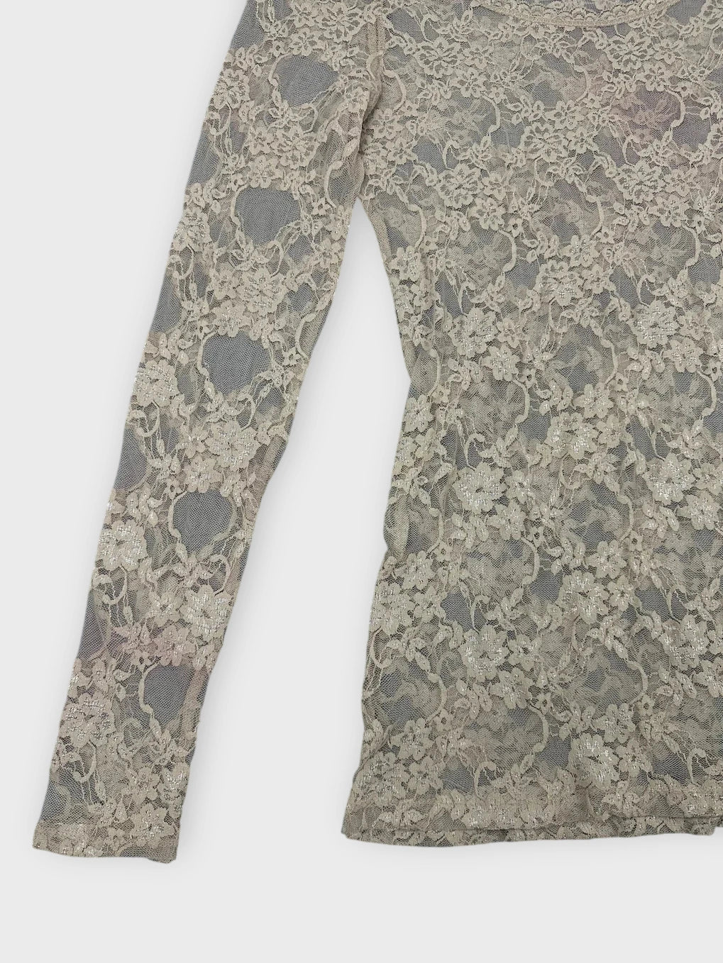 Beige lace long sleeve top detail view with sheer floral pattern.