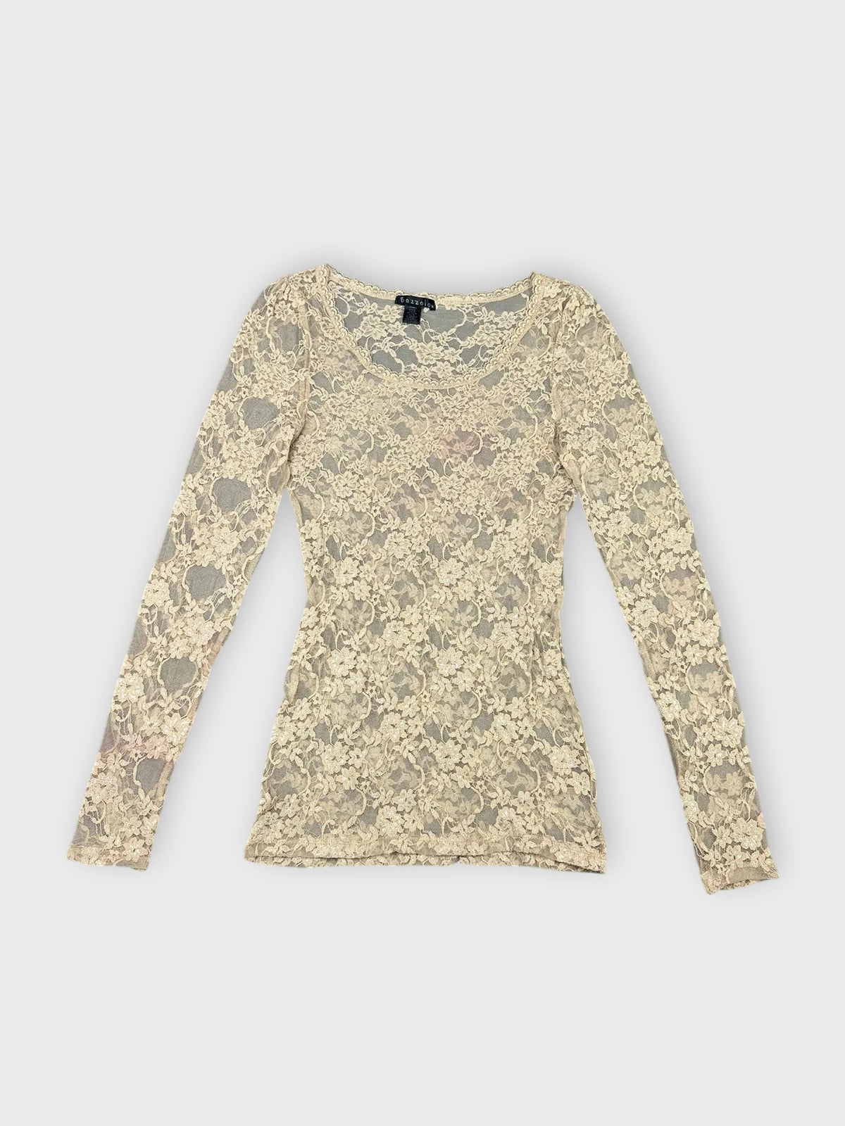 Beige lace long sleeve top with sheer detail front view