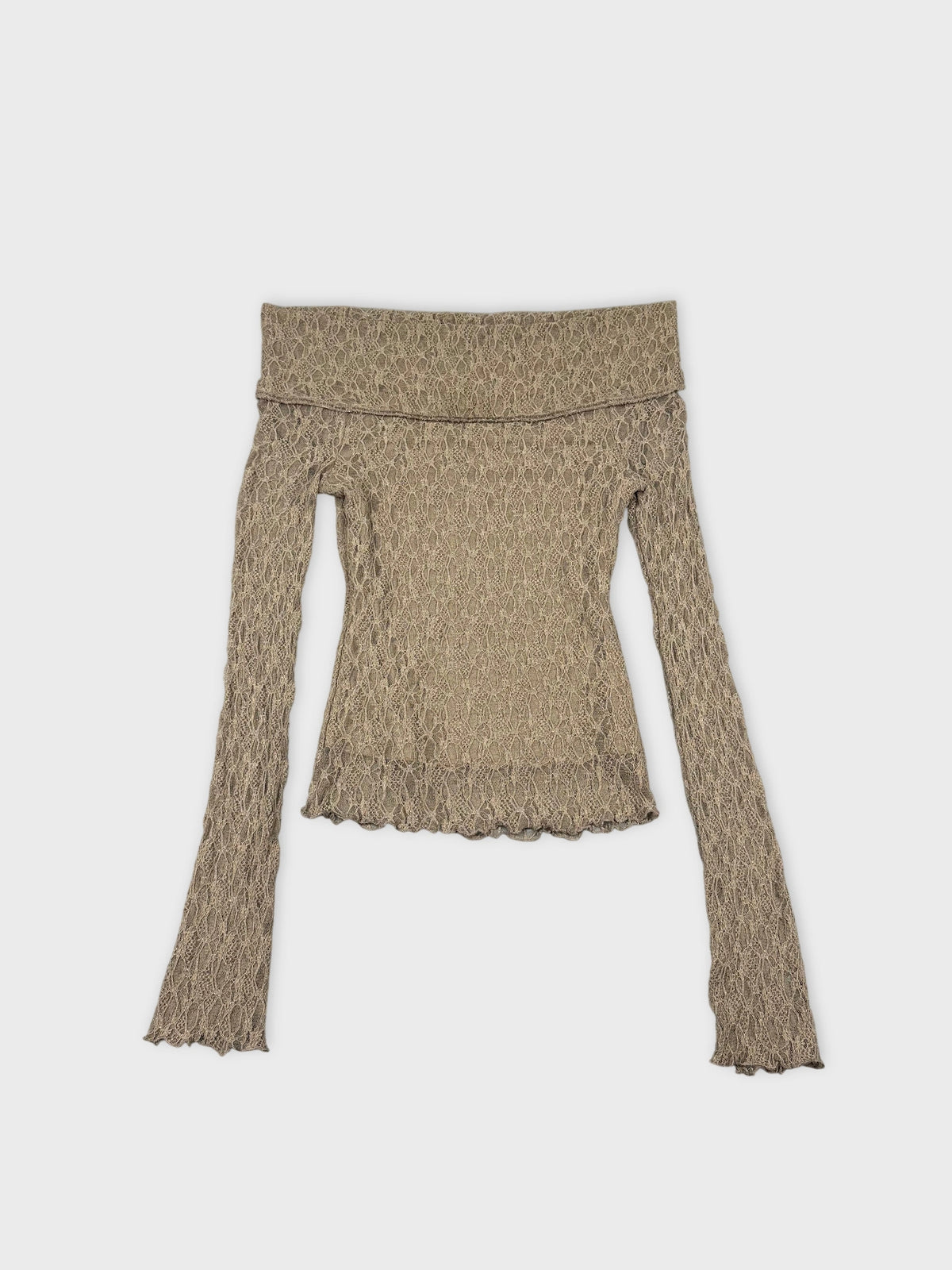 Lace long sleeve top in beige with scalloped trim front view