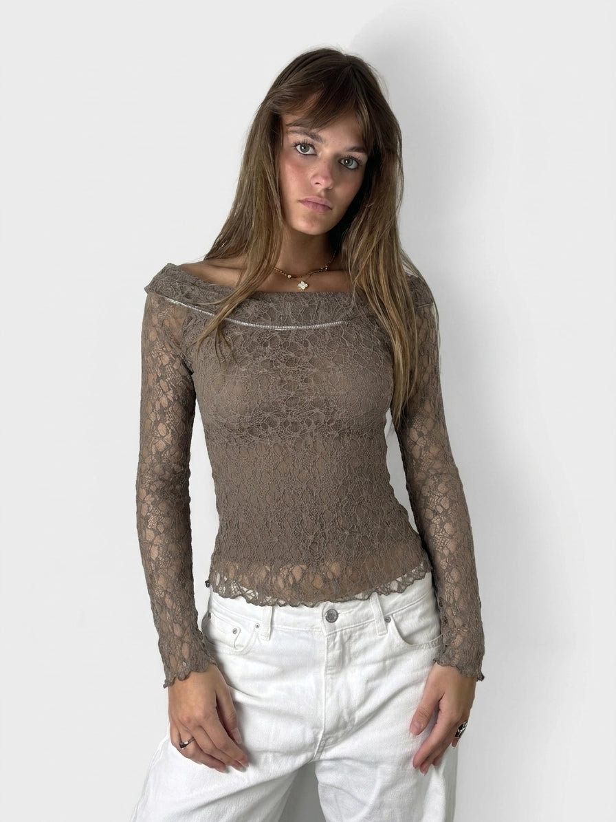 Lace long sleeve top in brown with sheer detail, front view.