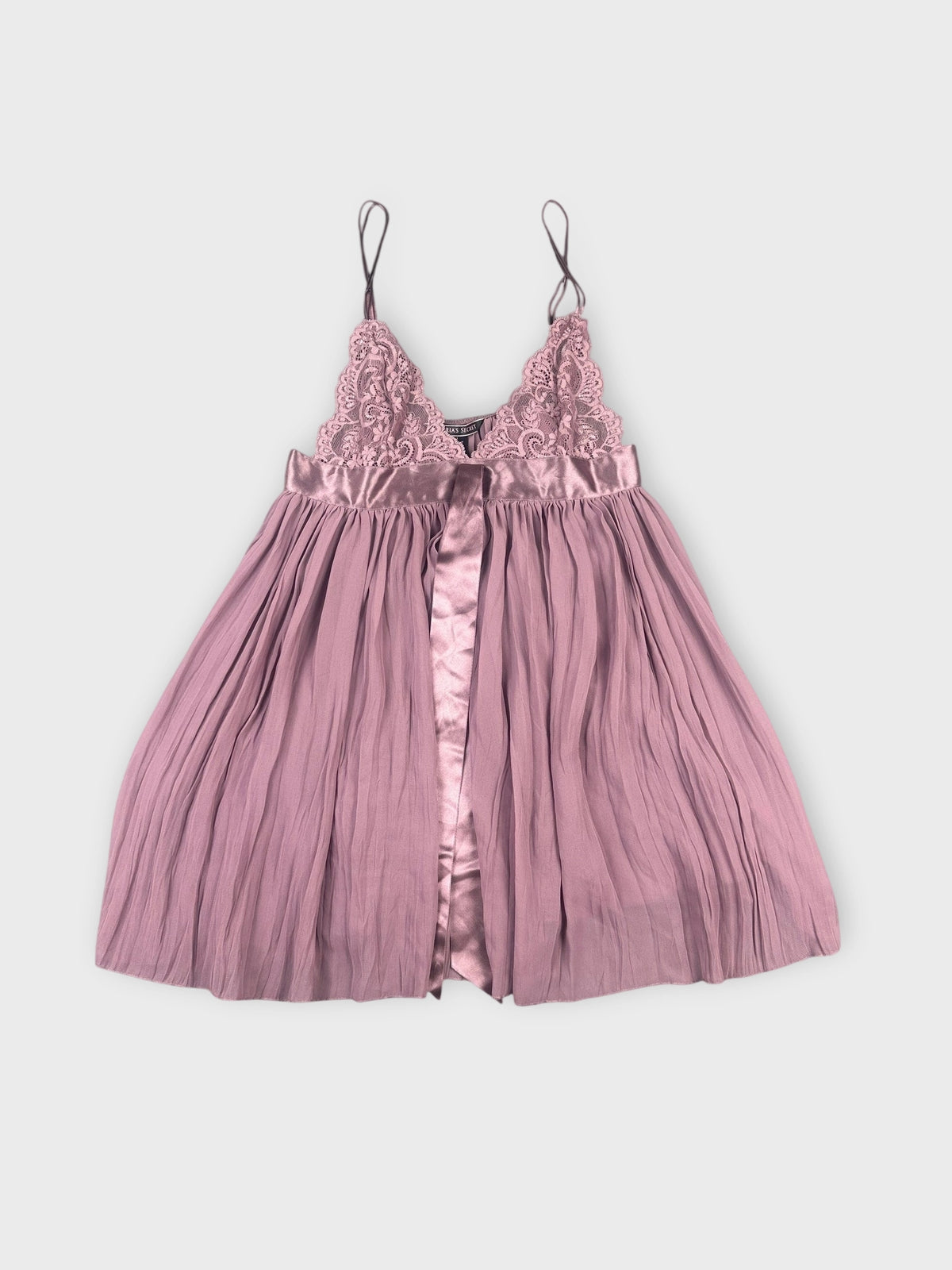 Front view of lavender lace bralette featuring pleated silk detail.
