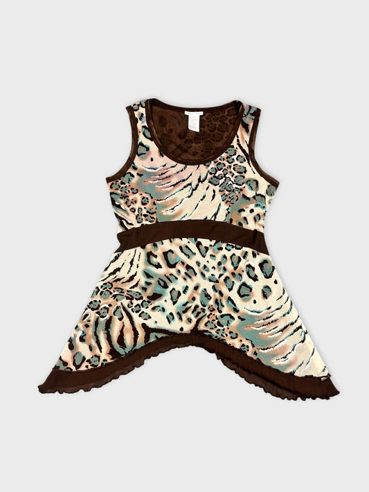 Leopard print flare top in soft blues and neutrals with sheer trim front view