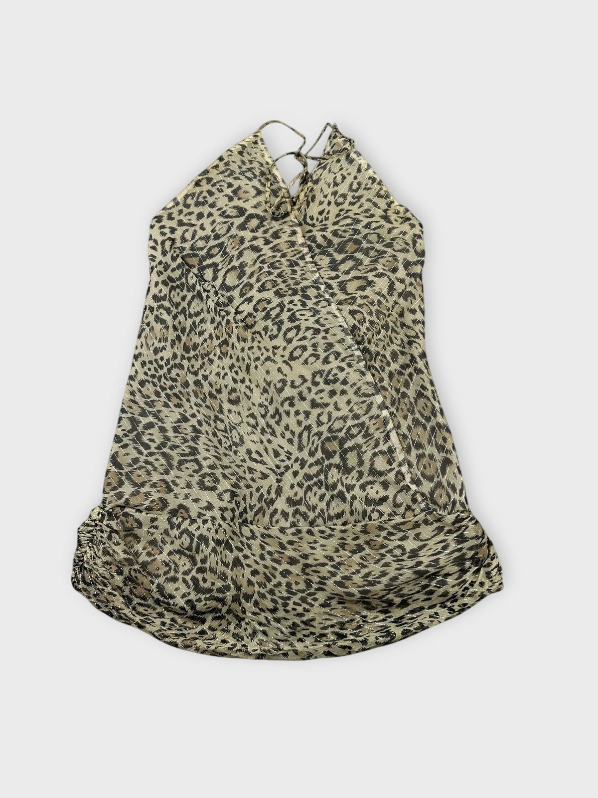 Leopard print silk halter top in beige front view