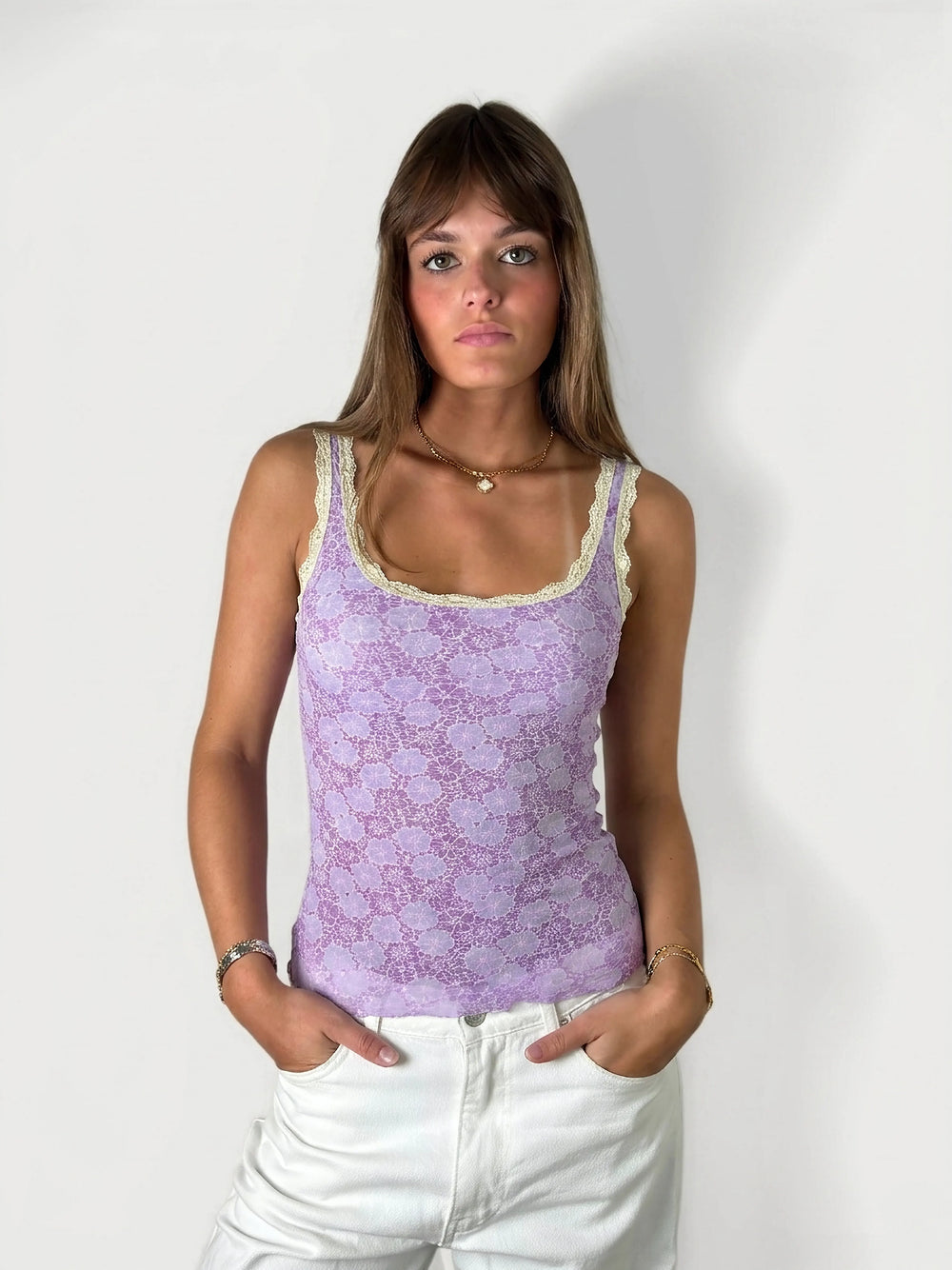 Lilac floral lace trimmed tank top, front view, featuring delicate lace detail.