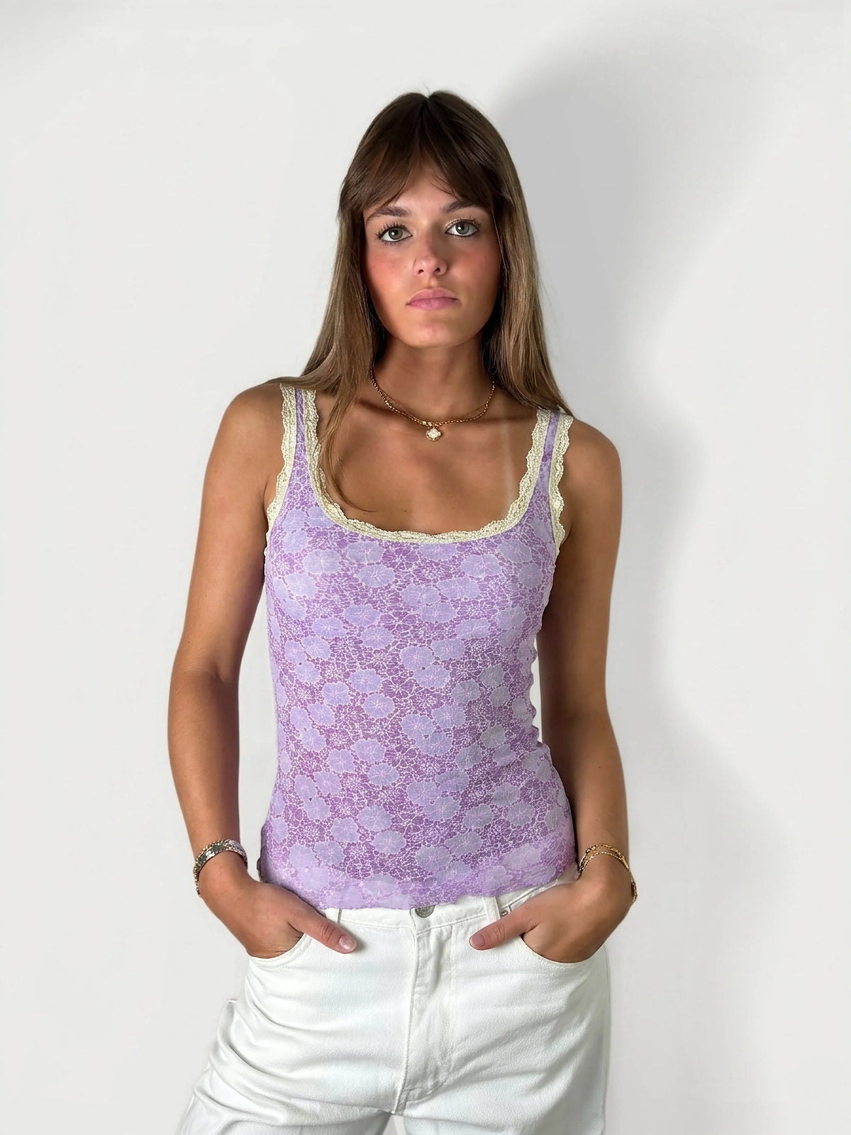 Lilac floral lace trimmed tank top, front view, featuring delicate lace detail.