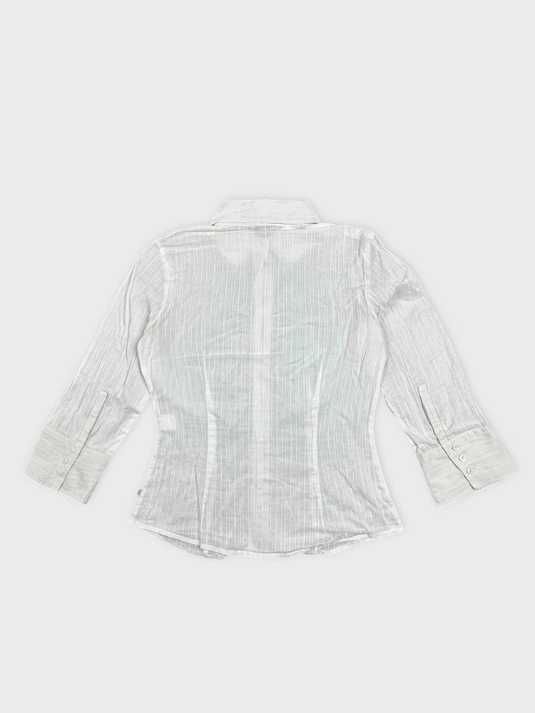 Chic Striped Cotton Blouse with Sheer Detail (S)