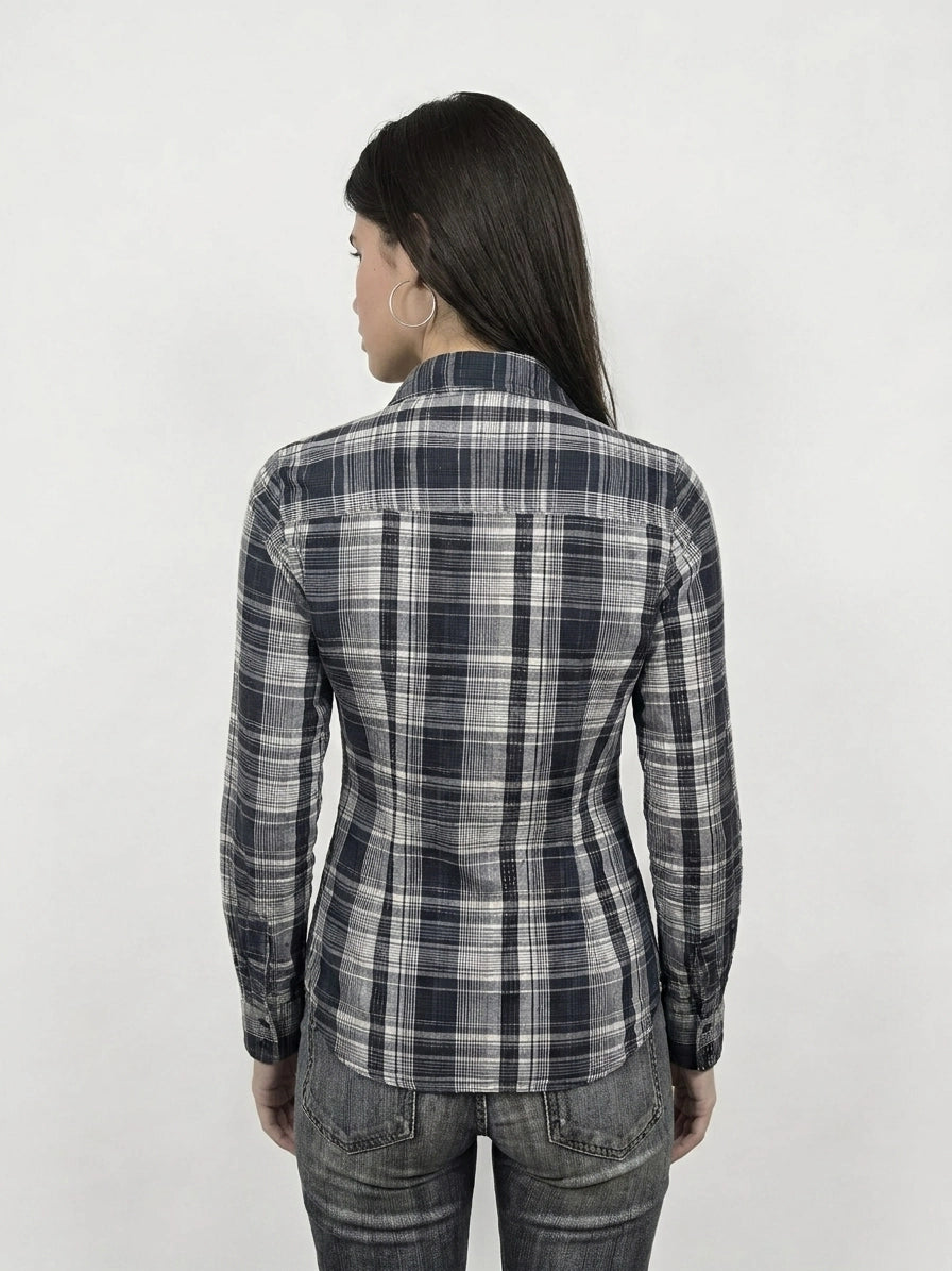Back view of a longsleeve top in navy with a plaid pattern.