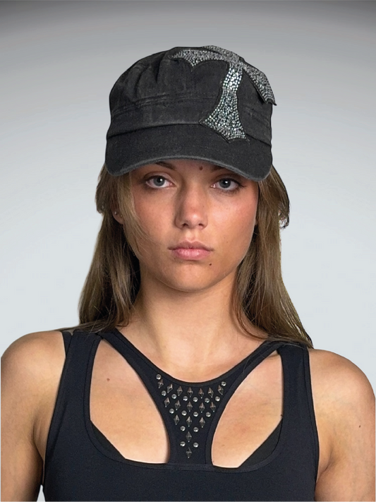 front view, Black Rhinestone Cross Military Cap (ONESIZE), vintage Y2K second hand piece