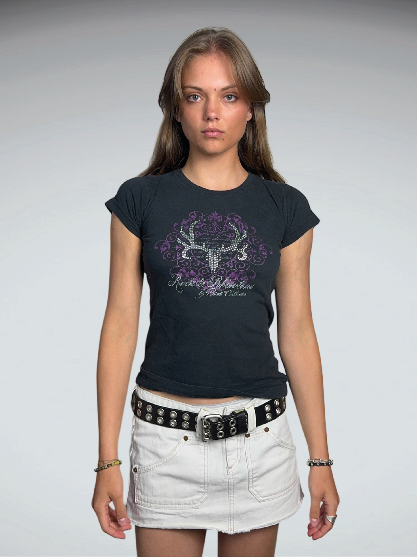 front view, Black Y2K Deer Graphic Tee, vintage Y2K second hand piece