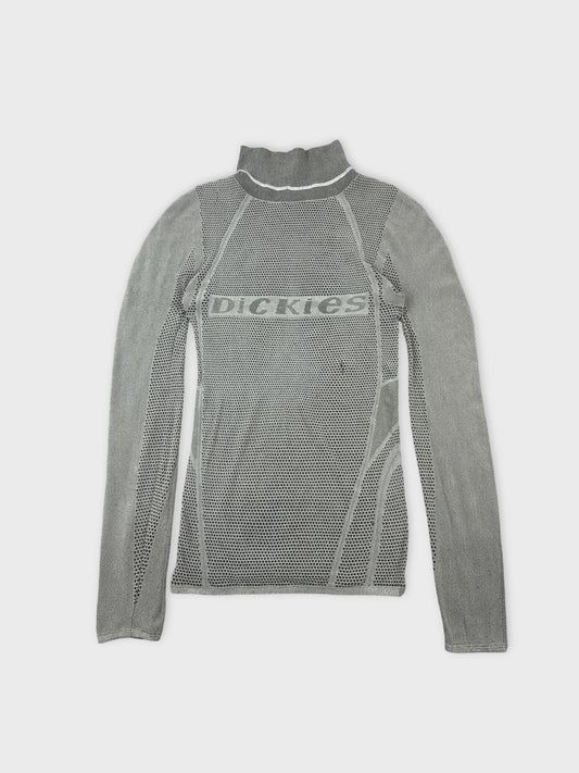 Back view of a gray mesh long sleeve top with edgy design details.