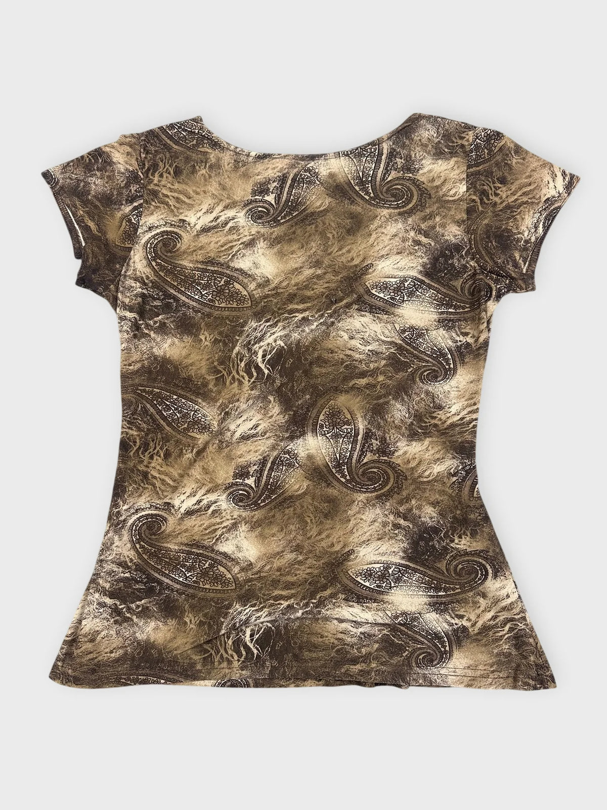 Back view of a mesh top in brown with a paisley print.