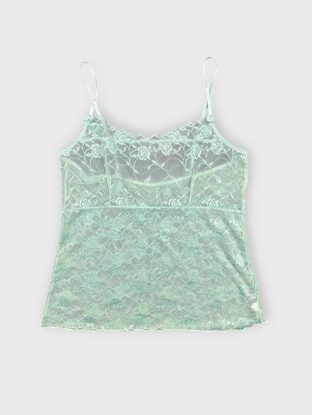 front view, LINDEX Mint Lace Camisole with Sheer Detailing, vintage Y2K second hand piece